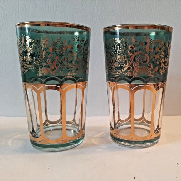 2 Moroccan Tea Glasses Missary Paris Green and Gold Juice Paisley - Picture 4 of 12